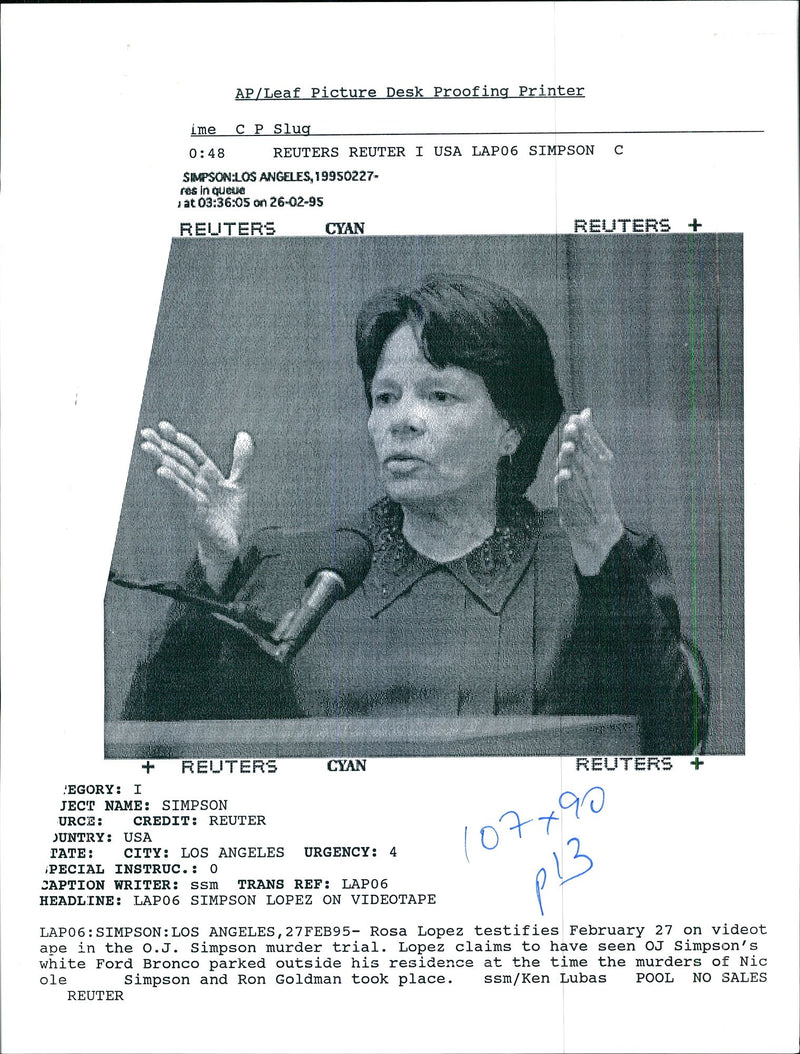 Rosa Lopez testifies on Videotape in the O.J Simpson murder trial. - Vintage Photograph