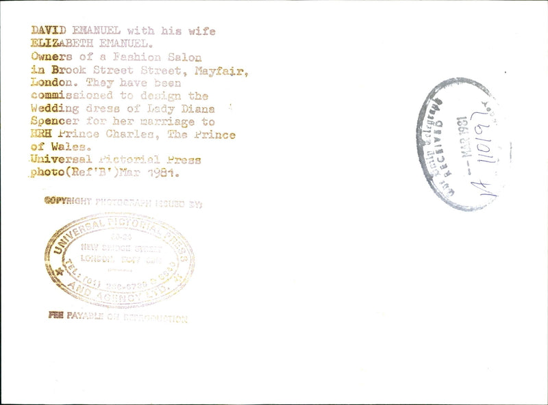 David and Elizabeth Emanuel. - Vintage Photograph