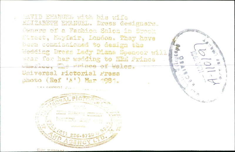 David Emanuel wih his wife Elizabeth. - Vintage Photograph