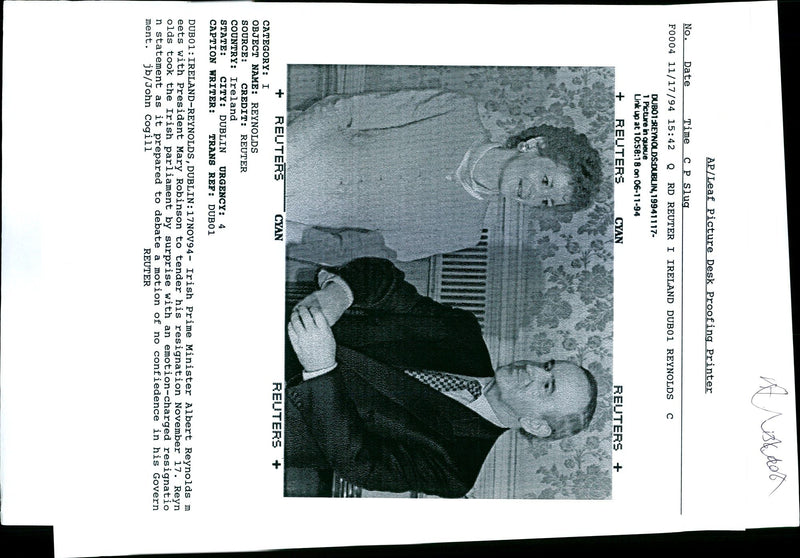 1994 IRISH MIN TONY PRIME JOHN COGILI REUTER MARY ROBINSON WRITER PRESIDENT - Vintage Photograph