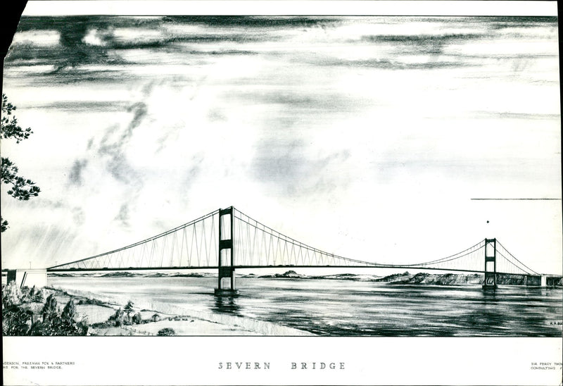 The landscape drawing of Severn Bridge. - Vintage Photograph