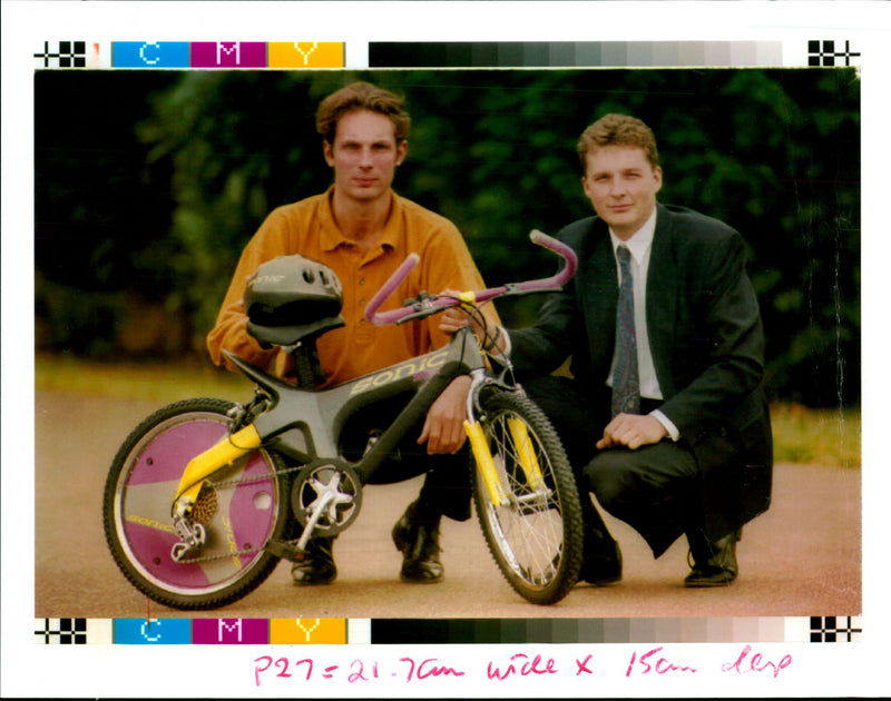 Paul Simmonds and Sebastian Barnett with their new product Sonic Bike - Vintage Photograph