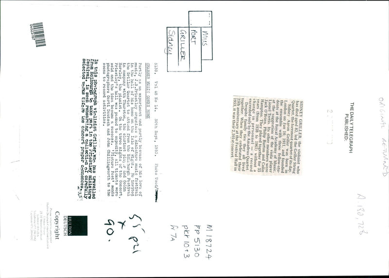 Sidney Griller, chamber music comes home. - Vintage Photograph