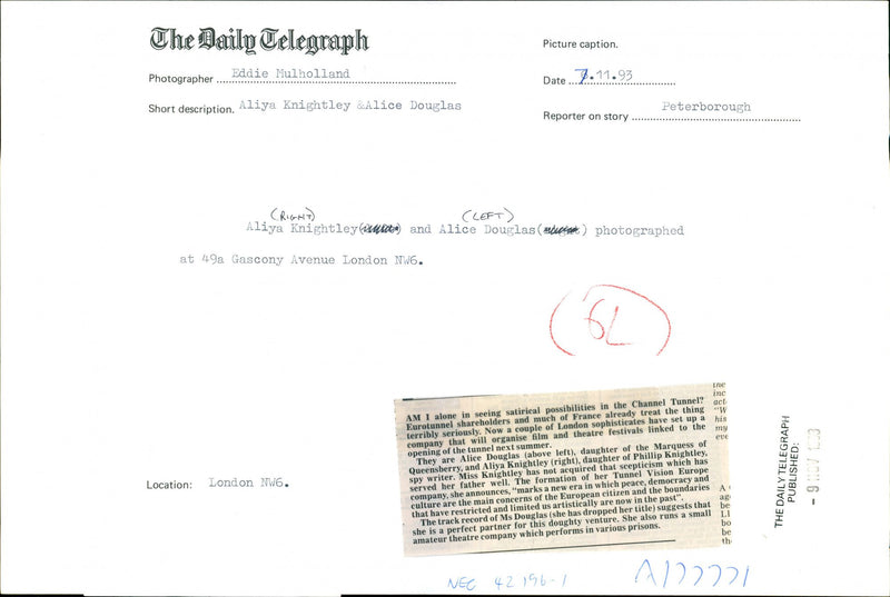 Lady Alice Douglas and Aliya Knightley (right) photographed at 49a Gascony Avenue London. - Vintage Photograph