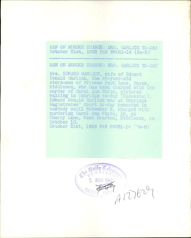 Mrs Edward Garlick who has been charged with the murder. - Vintage Photograph