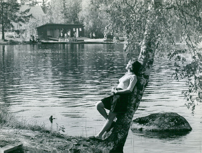 Lundsbergs school. Nice with relaxation in beautiful nature. In the background bath house with bathing jetty - Vintage Photograph