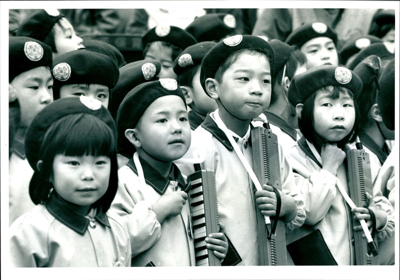 Japanese Primary School Age Children Waiting to play their  Wind Assisted Musical Instruments. - Vintage Photograph