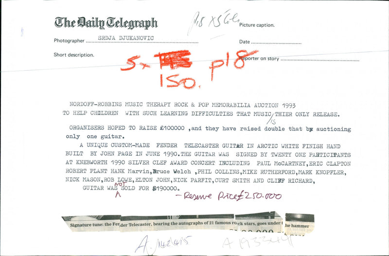 Signature tune: the Federer Telecaster, bearing the autographs of 21 famous rock-stars, goes under the hammer. - Vintage Photograph