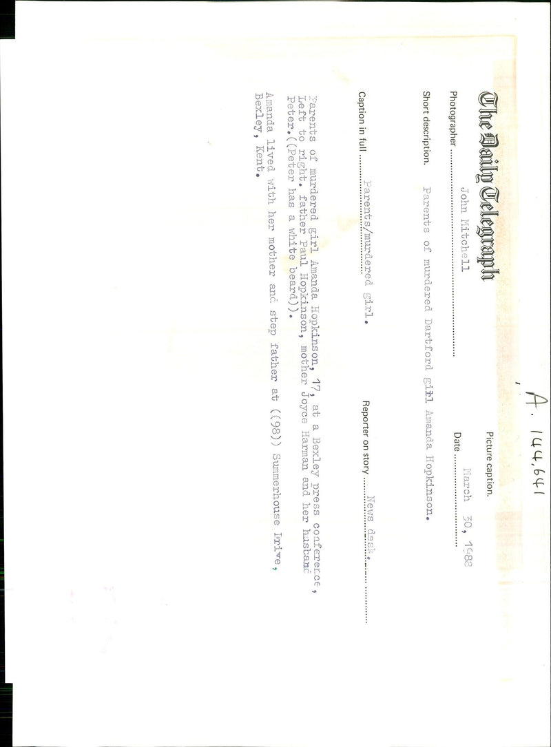 1988 AMANDA HOPKINSON WAS MURDERED BEXLEY KEN JOHN MITCHELL PRESS PAUL PETER - Vintage Photograph