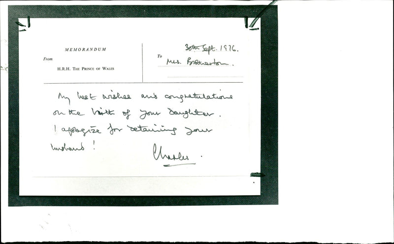 1926 PRINCE CHARLES SENT THE MESSAGE BELOW MRS BROTHERTON DAUGHTER WIFE - Vintage Photograph