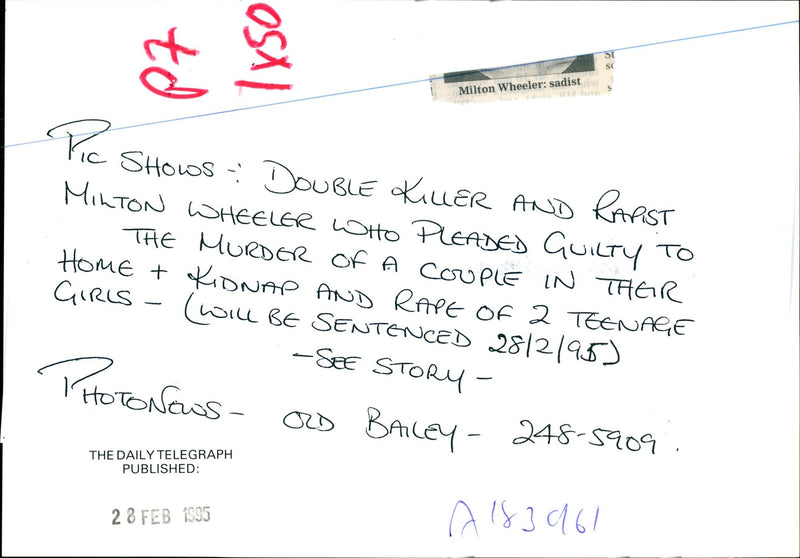 1995 MILTON WHEELER WAS CONVICTED THE MURDER COU OLD BAILEY PUBLISHED - Vintage Photograph