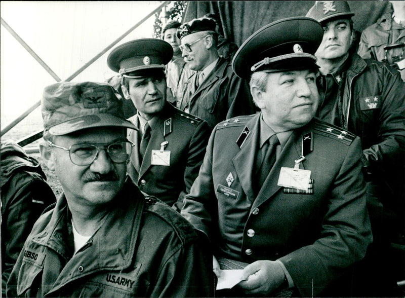 Col. Mack L. Gibson, Captain Nikolai M. Schuleschko and Colonel Konstantin I. Tscherjomuchin. - Vintage Photograph