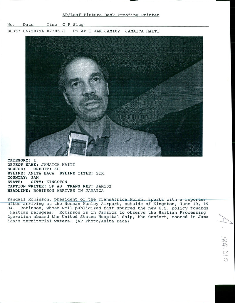 RANDALL ROBINSON JAMAICA OBS SHIP WRITER ARRIVES UNITED PRESIDENT - Vintage Photograph