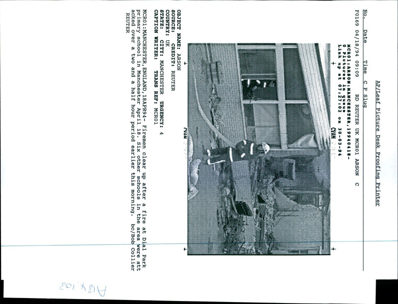 1994 FIREMEN CLEAR AFTER FIRE DIAL PARK PRIMARY ENGLAND WRITER COUNTRY - Vintage Photograph