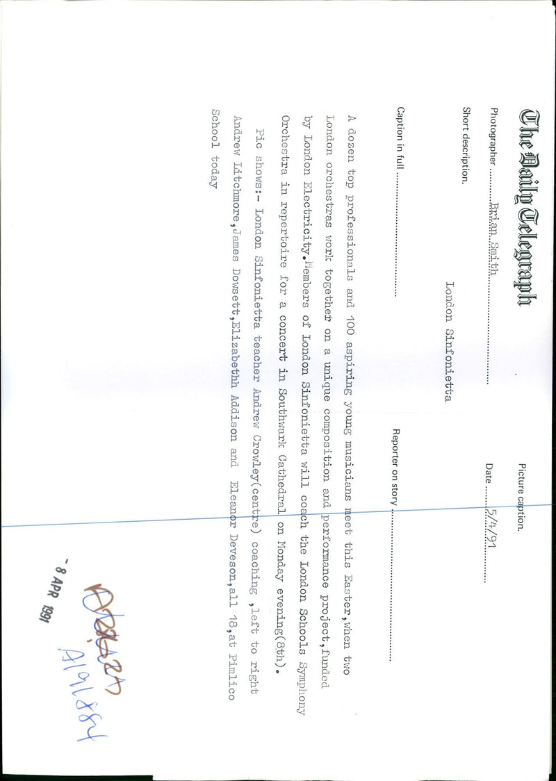 1991 MEMBERS LONDON SINFONIETTA WILL BRIAN SMITH JAMES TOGETHER CONCERT - Vintage Photograph