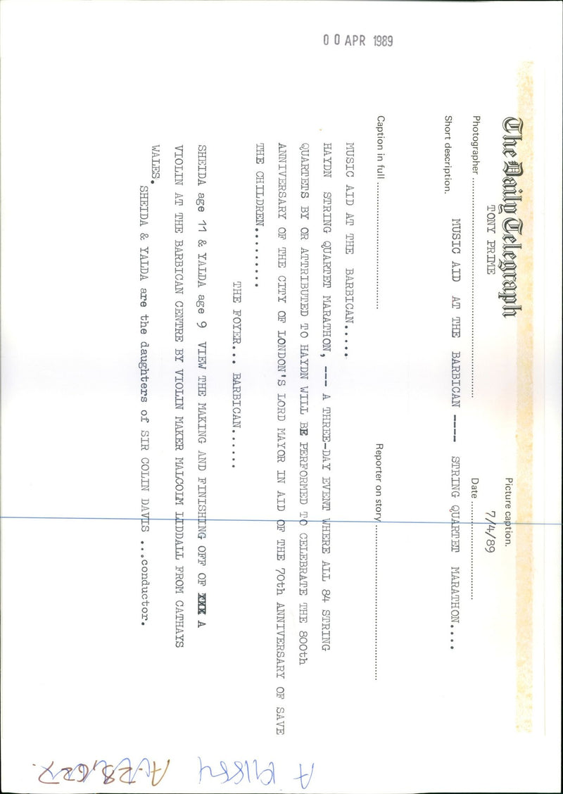 1989 MUSIC AID THE BARBICAN THREEDAY TONY PRIME COLIN DAVIS WALES SIR - Vintage Photograph