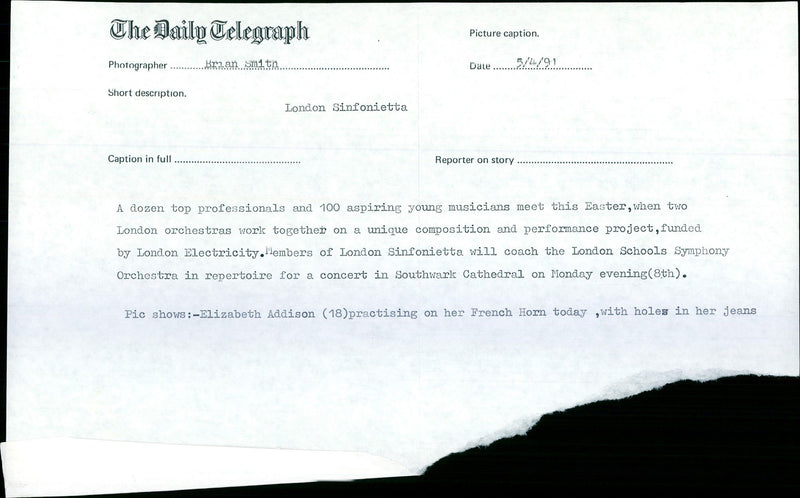 1991 LONDON SINFONIETTA WILL BRIAN SMITH ELIZABETH TOGETHER FRENCH CONCERT - Vintage Photograph