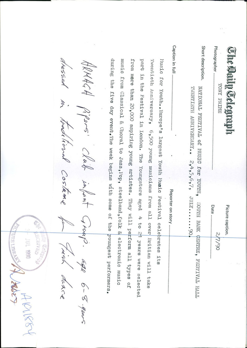 1990 LUROPES LARGEST YOUTH MUSIC FESTIVAL CELEBRATES ITS TWENTIETH TONY PRIME - Vintage Photograph