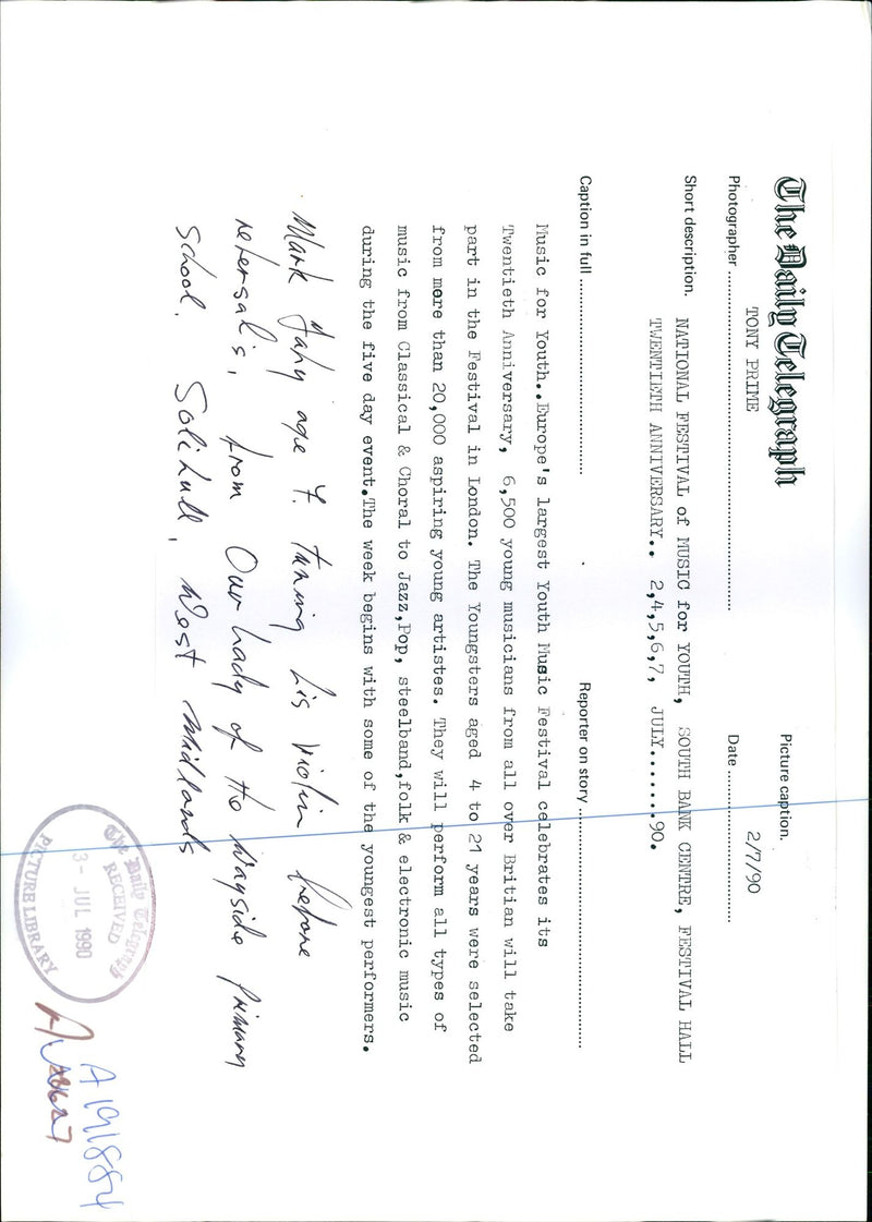 1990 YOUNG MUSICIANS FROM ALL OVER BRITIAN WILL TAKE PART THE TONY PRIME - Vintage Photograph