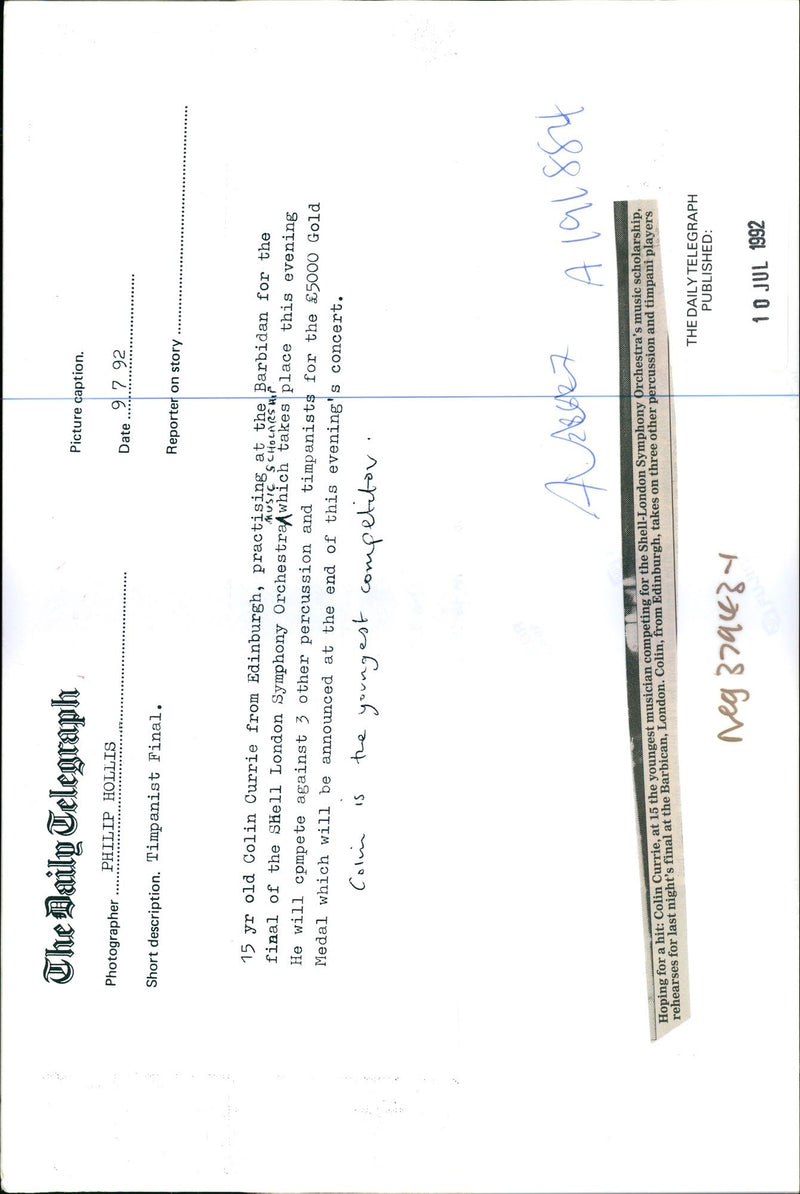 1992 COLIN CURRIE FROM EDINBURGH WILL COMPETE PHILIP HOLLIS PUBLISHED CONCERT - Vintage Photograph