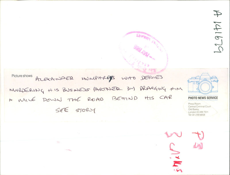 ALEXANDER HUMPHREYS WIT DENIES MURDERING HIS BUSINESS OLD BAILEY CAR PRESS - Vintage Photograph