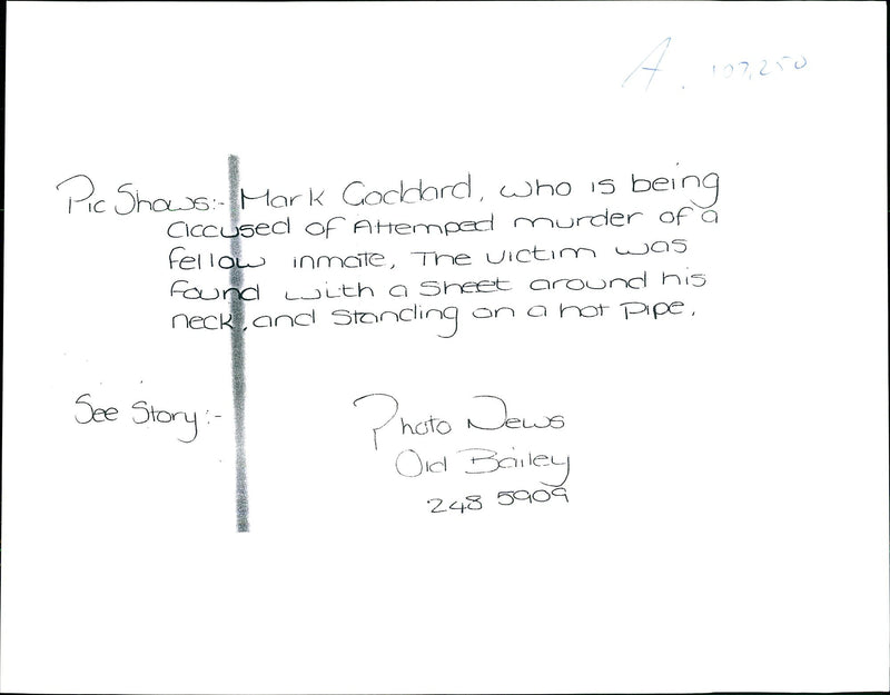 MARK CODDARD BEING CICCUSED ATTEMPED MURDER FELLOW INMATE THE VICT - Vintage Photograph