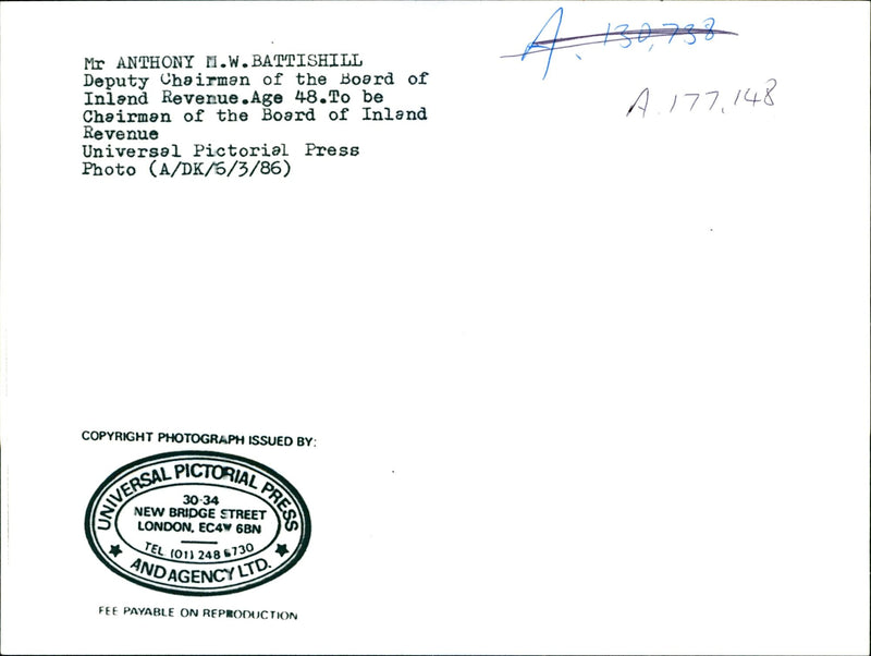 CHAIRMAN THE BOARD INLAND REVENUE UNIVERSAL ANTHONY SIR PRESS - Vintage Photograph