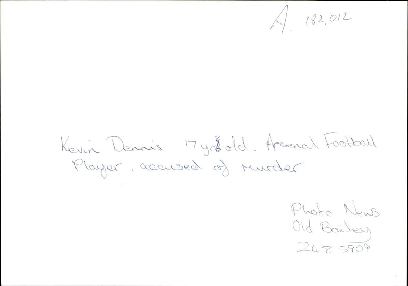KEVIN DENNIS YRS OLD ARSENAL FOOTBALL PLAYER ACCUSED MURDER BAILEY - Vintage Photograph