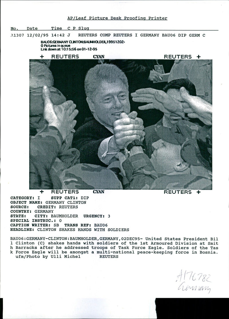 President Clinton shakes hands with US soldiers at Smith Barracks - Vintage Photograph