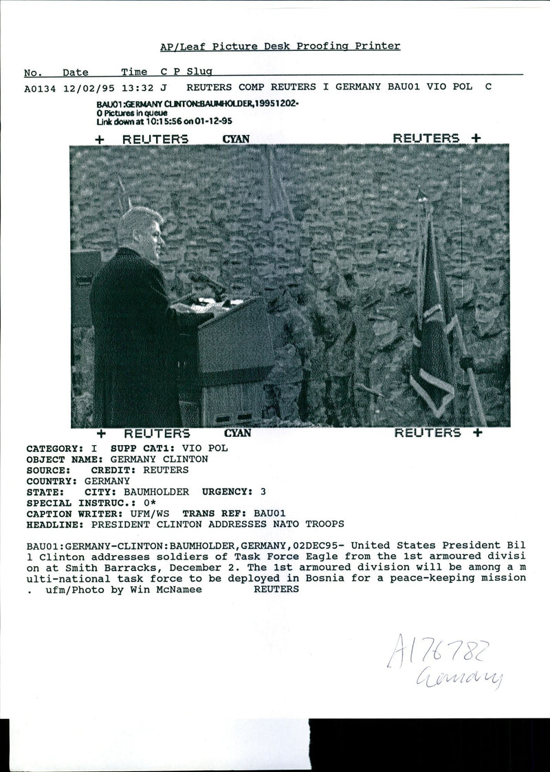 President Bill Clinton addresses US soldiers at at Smith Barracks - Vintage Photograph