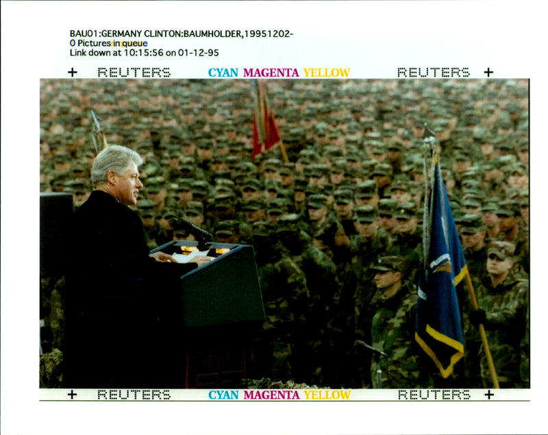 President Bill Clinton addresses US soldiers at at Smith Barracks - Vintage Photograph