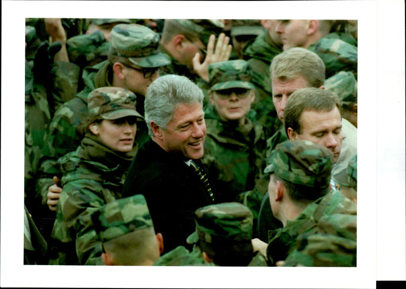 President Bill Clinton mingles with US soldiers at at Smith Barracks - Vintage Photograph