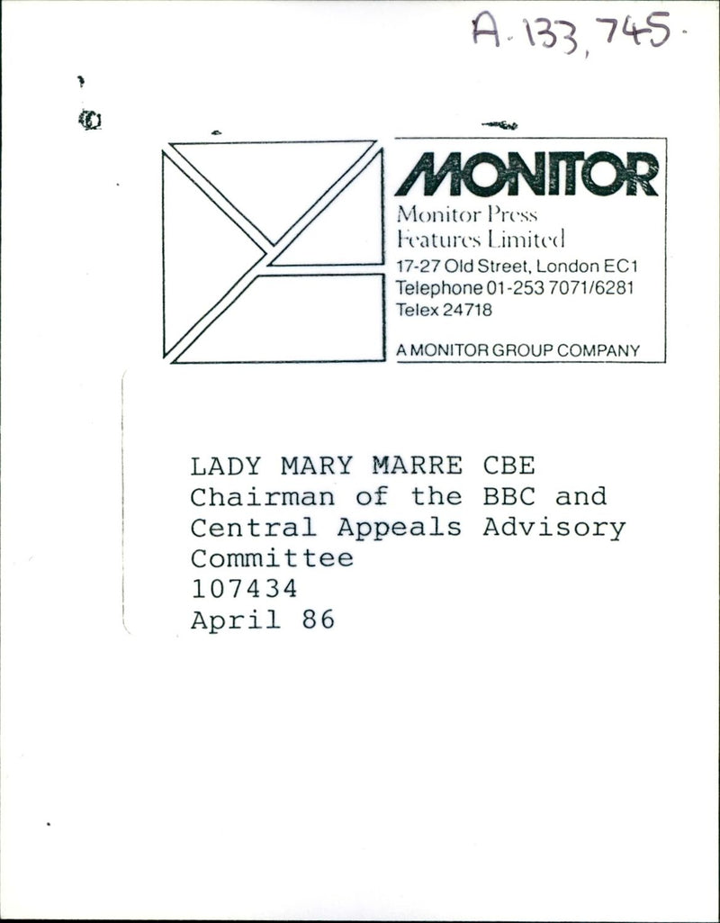 LADY MARY MARRE CBE CHAIRMAN THE BBC AND CENTRAL APPEALS COMPANY PRESS