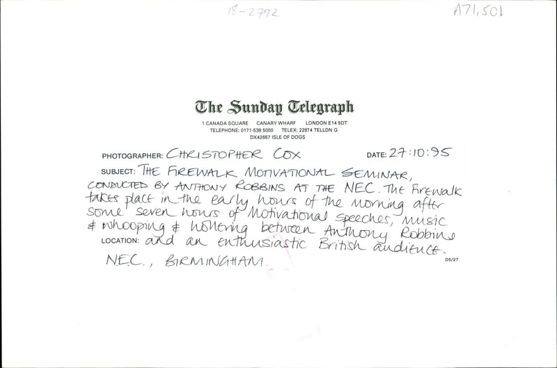 THE FIREWALK TAKES PLACE CHRISTOPHER COX ANTHONY ROBBINS MUSIC BRITISH - Vintage Photograph