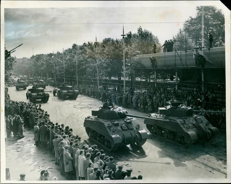 Heavy tanks passing the saluting base during rehearsal of V-Day Parade - Vintage Photograph