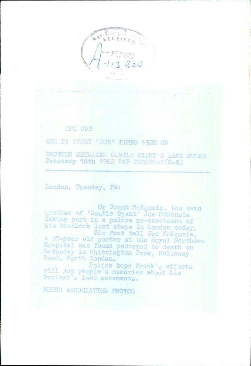 Mr Frank McKenzie, the twin brother of murder victim Joe McKenzie - Vintage Photograph