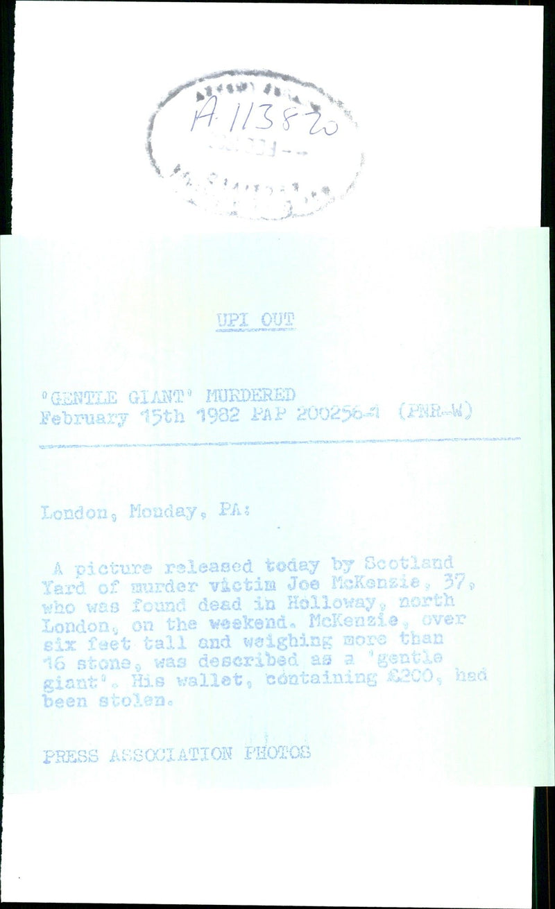 Joe McKenzie, who was found dead after brutal murder - Vintage Photograph