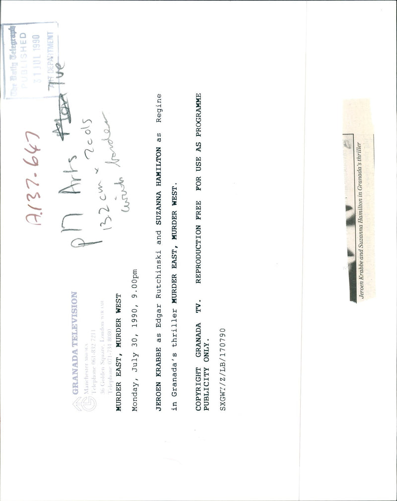 Jeroen Krabbe and Suzanna Hamilton in "Murder East - Murder West" - Vintage Photograph