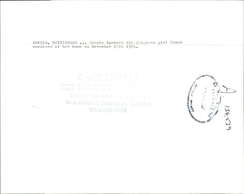 1986 NICOLA SPENCER WAS FOUND MURDERED HER HOME DECEMBE NOTTINGHAM - Vintage Photograph