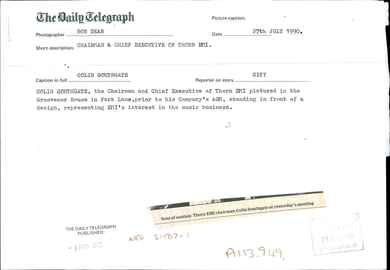 1990 COLIN SOUTHGATE THE CHAIRMAN AND CHIEF EXECU BOB DEAR MUSIC PUBLISHED - Vintage Photograph