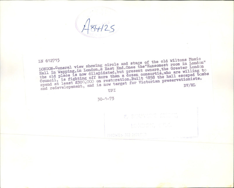 1973 BUILT THE HALL ESCAPED BOMBS AND REDEVELOPEMENT NOW TARGE MUSIC STAGE - Vintage Photograph