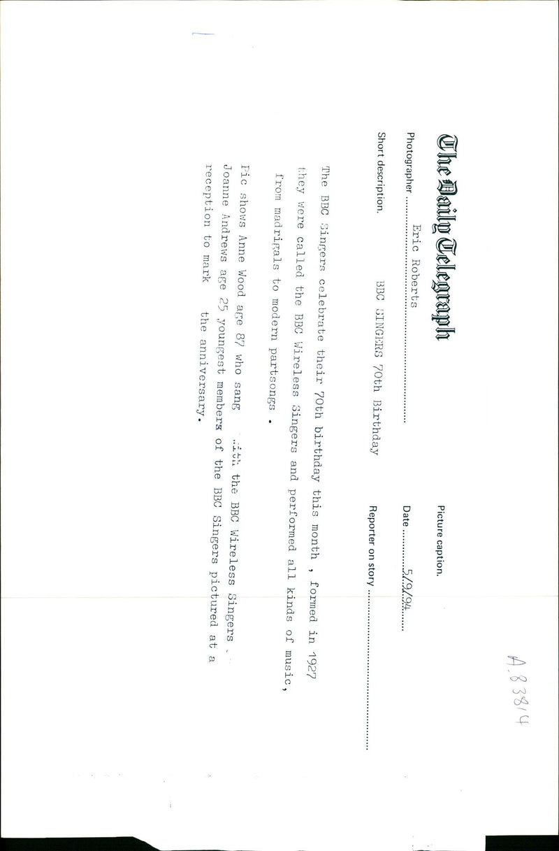 1994 THE BBC SINGERS CELEBRATE THEIR BIRTHDAY ROBINS ANDREWS ERIC MUSIC - Vintage Photograph