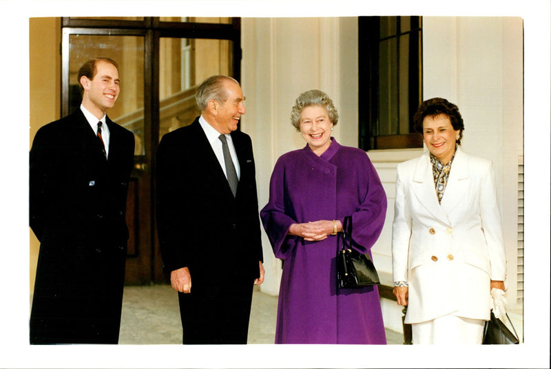 Chaim Herzog, his wife Aura, Queen of England, and Prince Edward. - Vintage Photograph