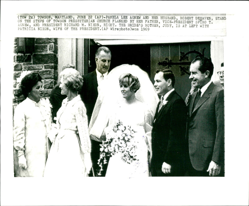 Pamela Lee Agnew and her husband, Robert Dehaven, Vice-President Spiro T. Agnew, President Richard M. Nixon, bride's mother, Judy and Patricia Nixon. - Vintage Photograph