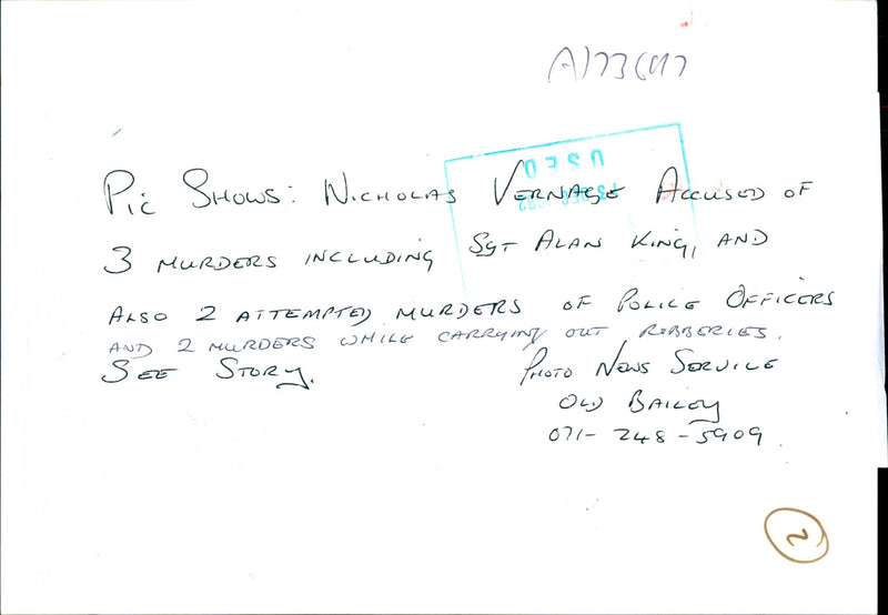 NICHOLAS VERNAGE ACCUSED MURDERS SGT ALAN KING AND POLICE INCLUDING - Vintage Photograph