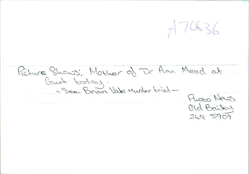 MOTHER ANN MEAD SEE BRIAN VALE MURDER TRIAL PUOTO NEWS OLD BAILEY - Vintage Photograph
