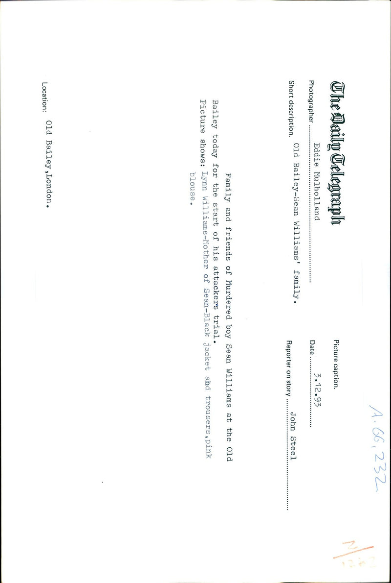 1993 MURDERED BOY SEAN WILLIAMS THE OLD EDDIE MULHOLLAND JOHN FAMILY BLACK - Vintage Photograph