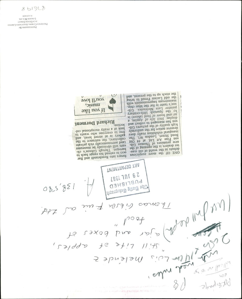 1987 THOMAS GIBSON FINE ART RICHARD DREW LUIS MELENDEZ GIB MUSIC PUBLISHED - Vintage Photograph