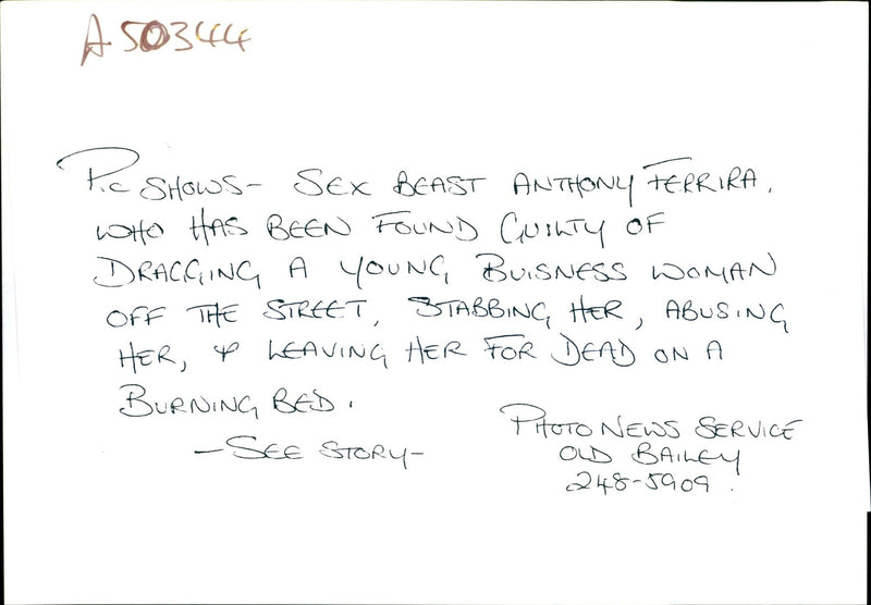 ANTHONY FERRIRA HAS BEEN FOUND GUILTY RAPING AND MURDERING YOUNG WOMA - Vintage Photograph