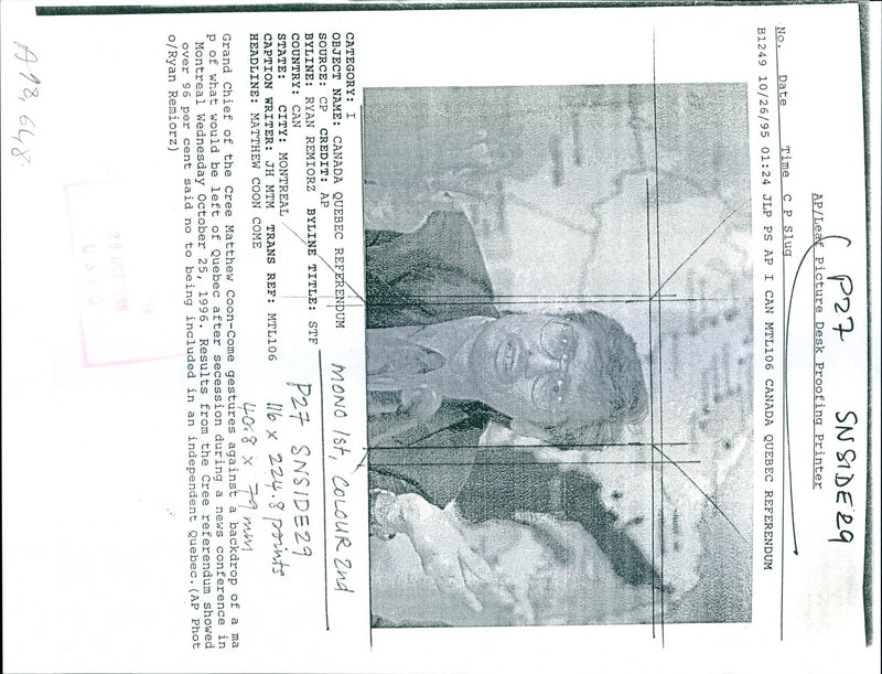 1995 RESULTS FROM THE CREE REFERENDUM MATTHEW COON TITLE WRITER COUNTRY GRAND - Vintage Photograph